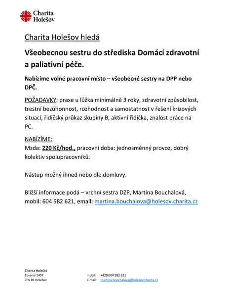 Charita Holešov hledá všeobecnou sestru DZP 11-2024 (DPP, DPČ)