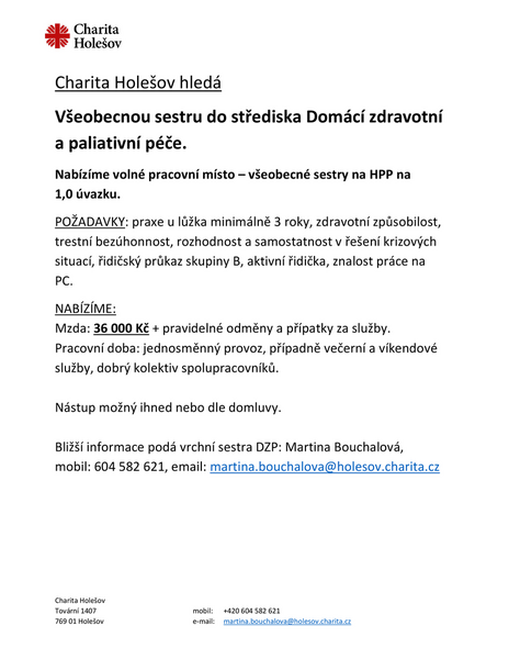 Charita Holešov hledá všeobecnou sestru DZP 11-2024 (HPP)