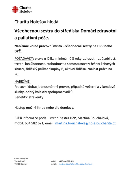 Charita Holešov hledá všeobecnou sestru DZP 2-2026 (DPP, DPČ)